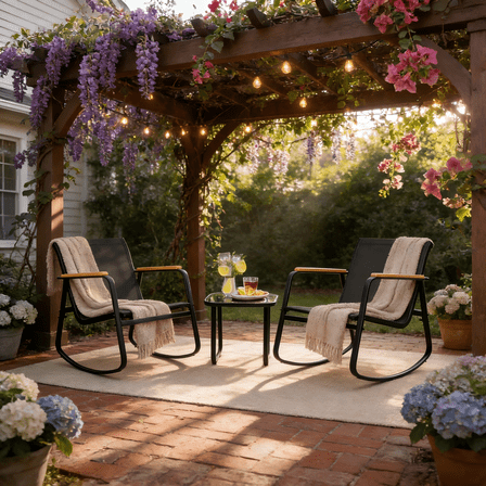 Outdoor Rocking Bistro Set, Lofka 3 Piece Patio Furniture Set with Tempered Glass Side Table, All-Weather Textilene Rocking Chairs with Wooden Armrests for Patio/Garden/Balcony/Poolside ,Black