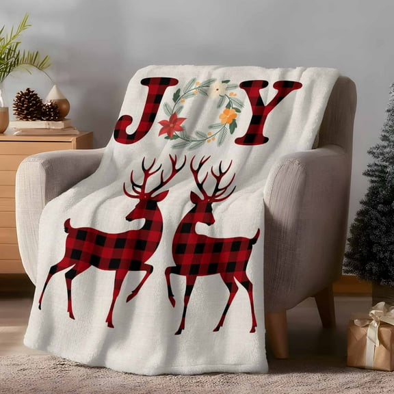 Throw Blanket Fleece Throw Blanket 40x50in, Joy Words on Linen Soft Lightweight Bed Blankets Red Black Plaid Elk Fuzzy Couch Blankets for All Season