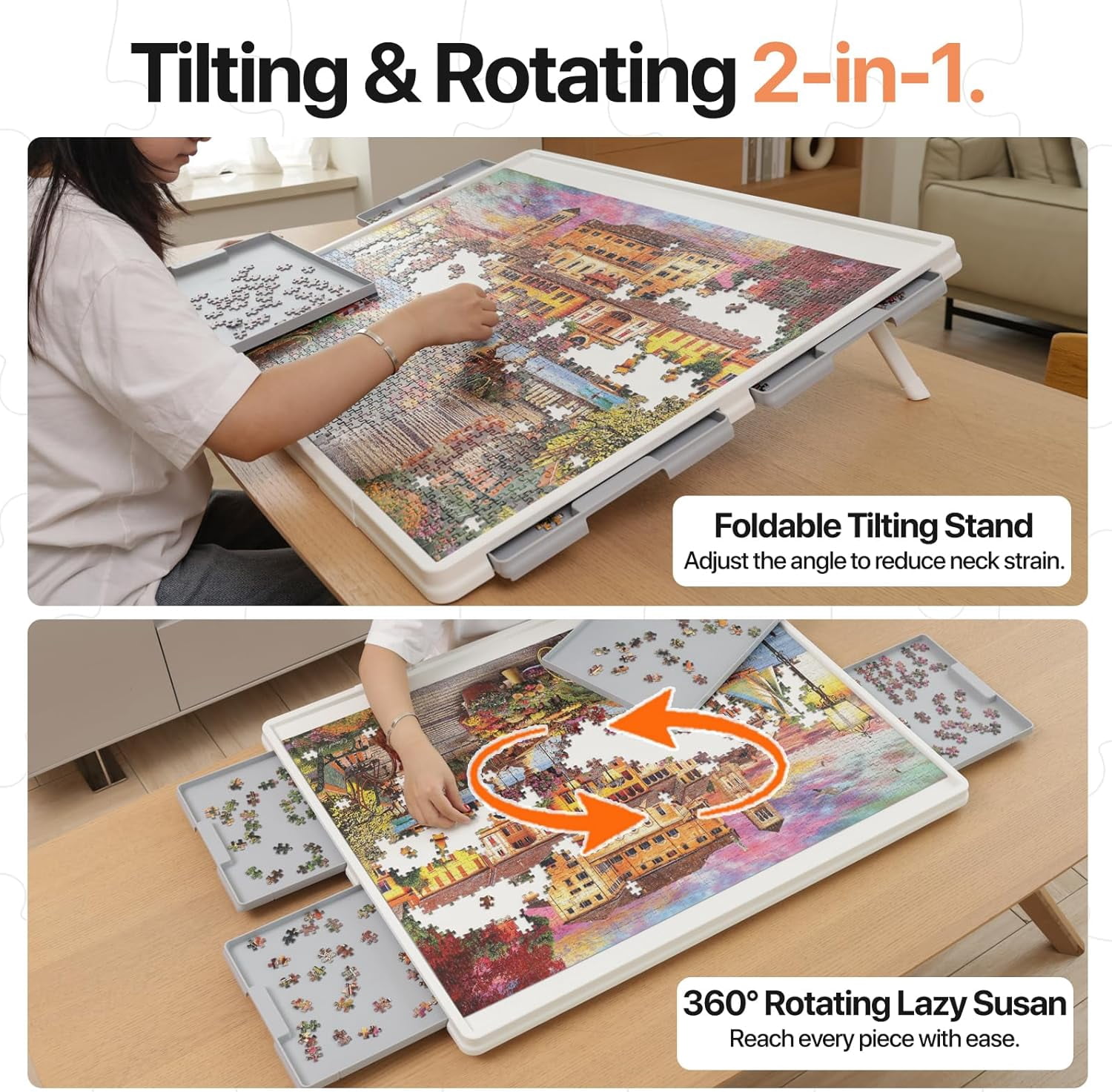1500 Pieces 2-in-1 Tilting & Rotating Puzzle Board with Drawers and Cover, 35"x27" Portable Spinning Plastic Jigsaw Puzzle Table for Adults, Upgraded Lazy Susan