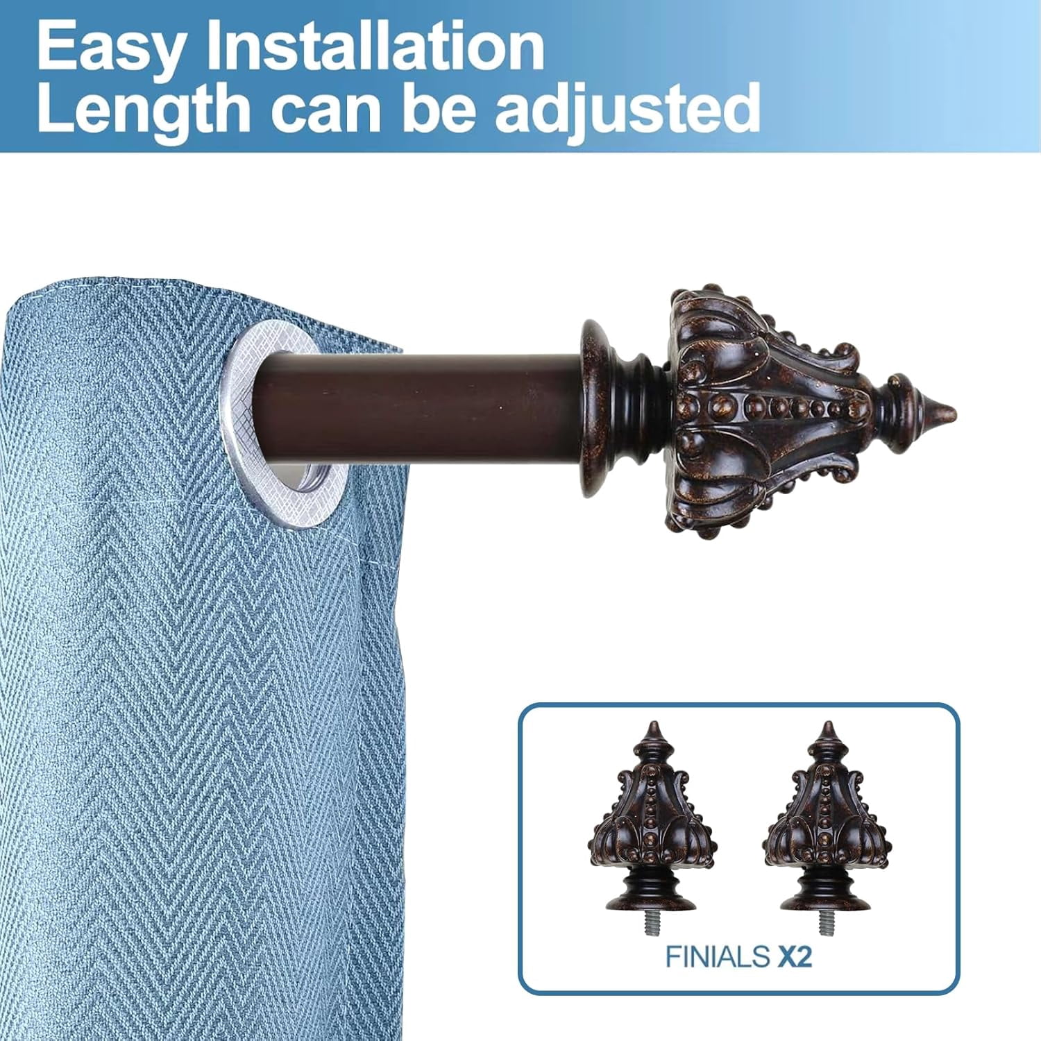 Urbanest Adjustable Single Curtain Rod Set Mahogany Regale Finials – 1 - Inch Diameter, With Bronze Rod, 48–84 Inches