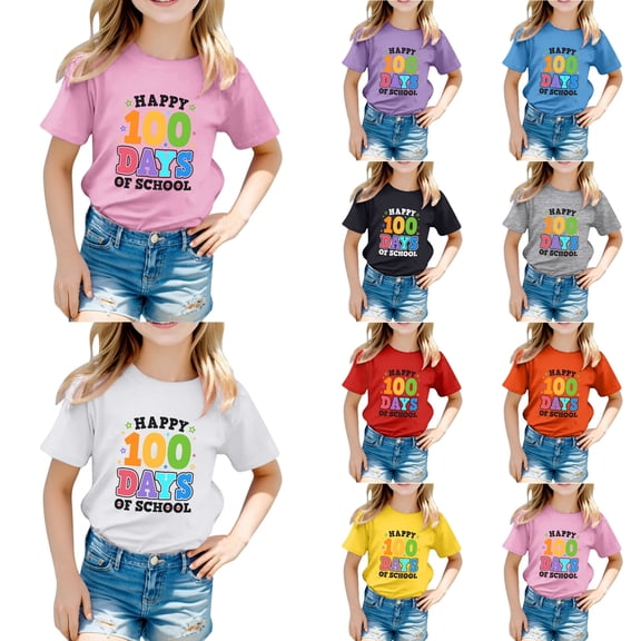 Arlun Happy 100 Days of School T-Shirt for Boys Girls Colorful Number Print 100th Day School Uniform Tees Tops Unisex Kids Crew Neck Short Sleeve Casual T Shirts 90