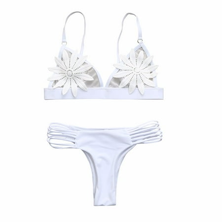 Rigardu Hot Sale!! Women s High Waisted Bikini Sets V Neck Two Piece Bathing Suits Floral Bra Set Bathing Bikini Swimsuit Padded Swimwear -Up Women Swimwears Tankinis Set White S