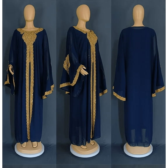 Europian American Style with Flared Sleeves Embroiderd Golden Flower Lace - Party, Wedding Women Dress