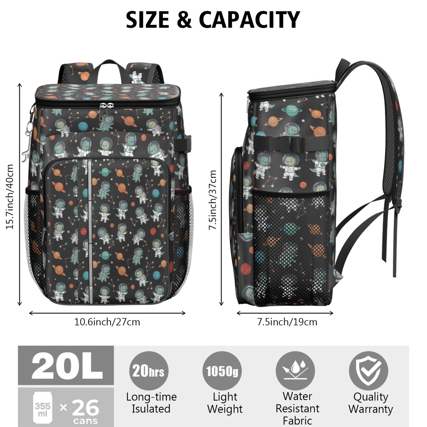 Travel Cooler Bag - Black Cartoon Astronaut Dinosaurs Planets Pattern Camping Beer Cooler Backpack with Bottle Opener- Waterproof Insulated Picnic Backpacks - Cooler Bag for Beach