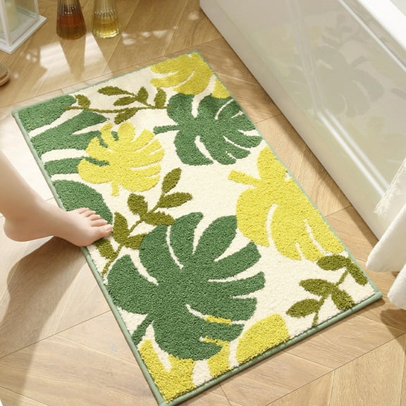 Green Leaves Bath Mat, Non Slip Large Plant Monstera Leaf Bath Rug Absorbent Bathtub Rug Bathroom Plush Shower Rugs (16"X24")