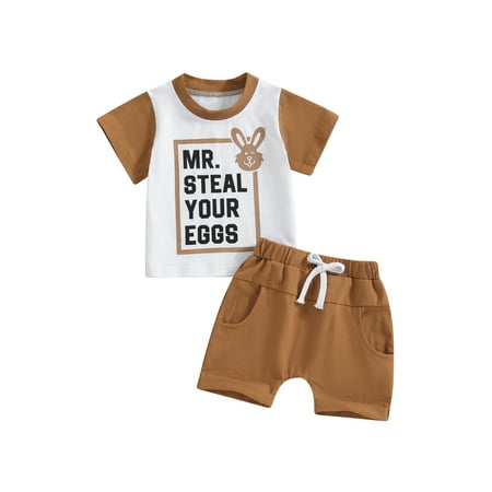 

Qtinghua Infant Toddler Baby Boys Easter Outfits Letter Rabbit Print Short Sleeve T-Shirt Tops and Shorts 2Pcs Summer Clothes Auburn 6-12 Months