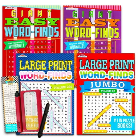 Word Find Puzzle Books for Adults Seniors - Set of 4 Jumbo Word Search Books with Large Print (Over 380 Pages Total with Bookmark)