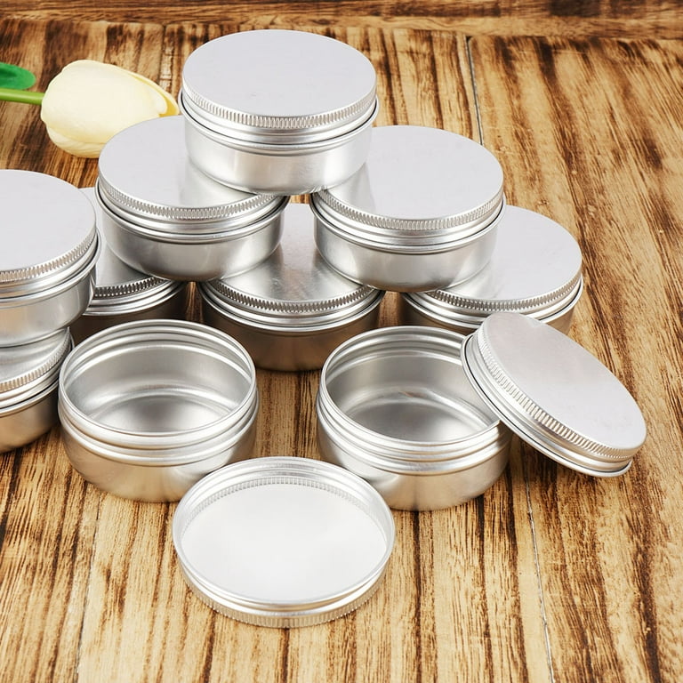 24 Pack Aluminum Tin Cans with Screw Lid and Labels, Trianu 2 oz Refillable Travel Sized Cosmetic Containers Small Tins for Salves, Lotion Bars, Beard