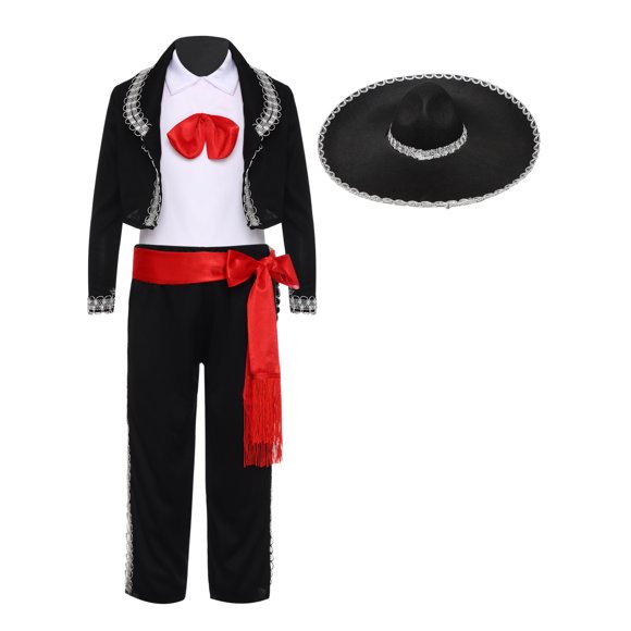 YiZYiF Boys Mexican Mariachi Outfit Kids Day of The Dead Traditional Sets Vest Jacket Pants Sombrero Black 120/M