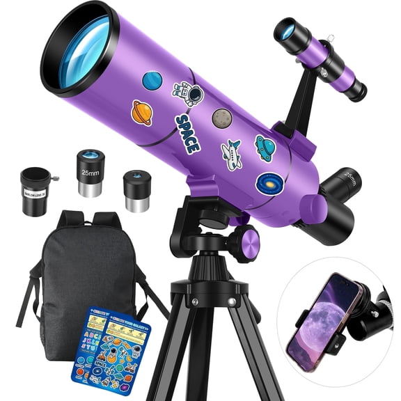 80mm Astronomy Telescope for Adults, Kids and Beginners, 500mm Refractor, 20X-150X, Backpack, Phone Adapter, Stickers, Purple