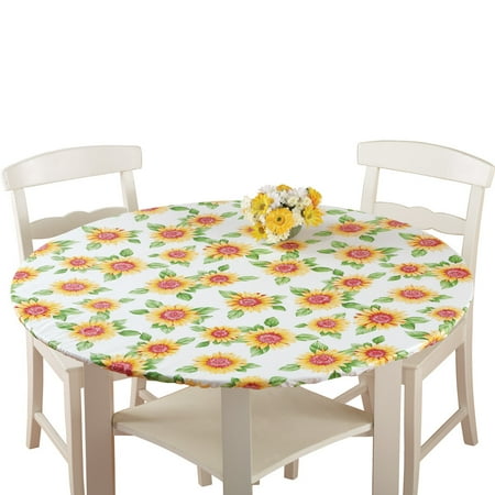 

Collections Etc. Patterned Fitted Table Cover with Soft Flannel Backing and Durable Wipe-Clean Vinyl Construction Sunflower Round