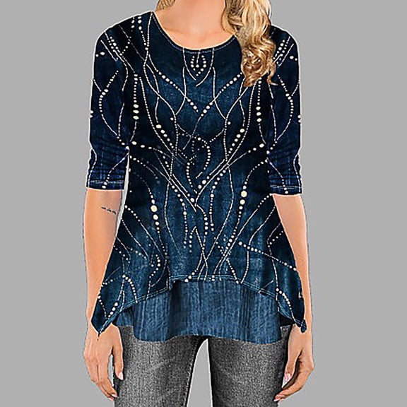 Abcnature Fashion Women O-Neck Half Sleeve Printing Splicing Tops Easy Blouse Plus Size Tops for Ladies Autumn Winter Casual Loose Tunic Blouse Blue S