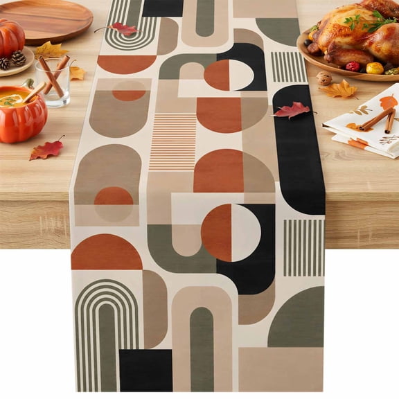 Abstract Boho Cotton Linen Table Runner Rustic Sand Black Arch Lines Minimalist Geometric Dining Table Runners for Home Decor Party Dining Room Restaurant Kitchen Party 13" x 36"