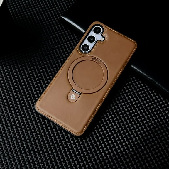 for Samsung Galaxy A14 5G Case with Rotating Magnetic Ring Holder & Swivel Stand [Military Drop Protection] [Compatible with MagSafe] Slim PU Leather Shockproof Cover for Galaxy A14 5G, Brown