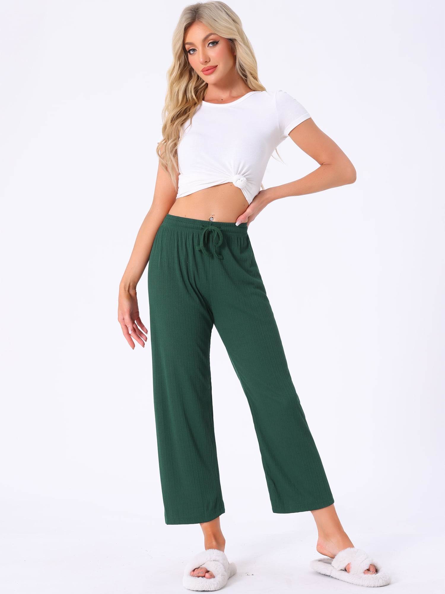DARING DIVA Women's Wide Leg High Waist Ribbed Knit Loungewear S Dark Green