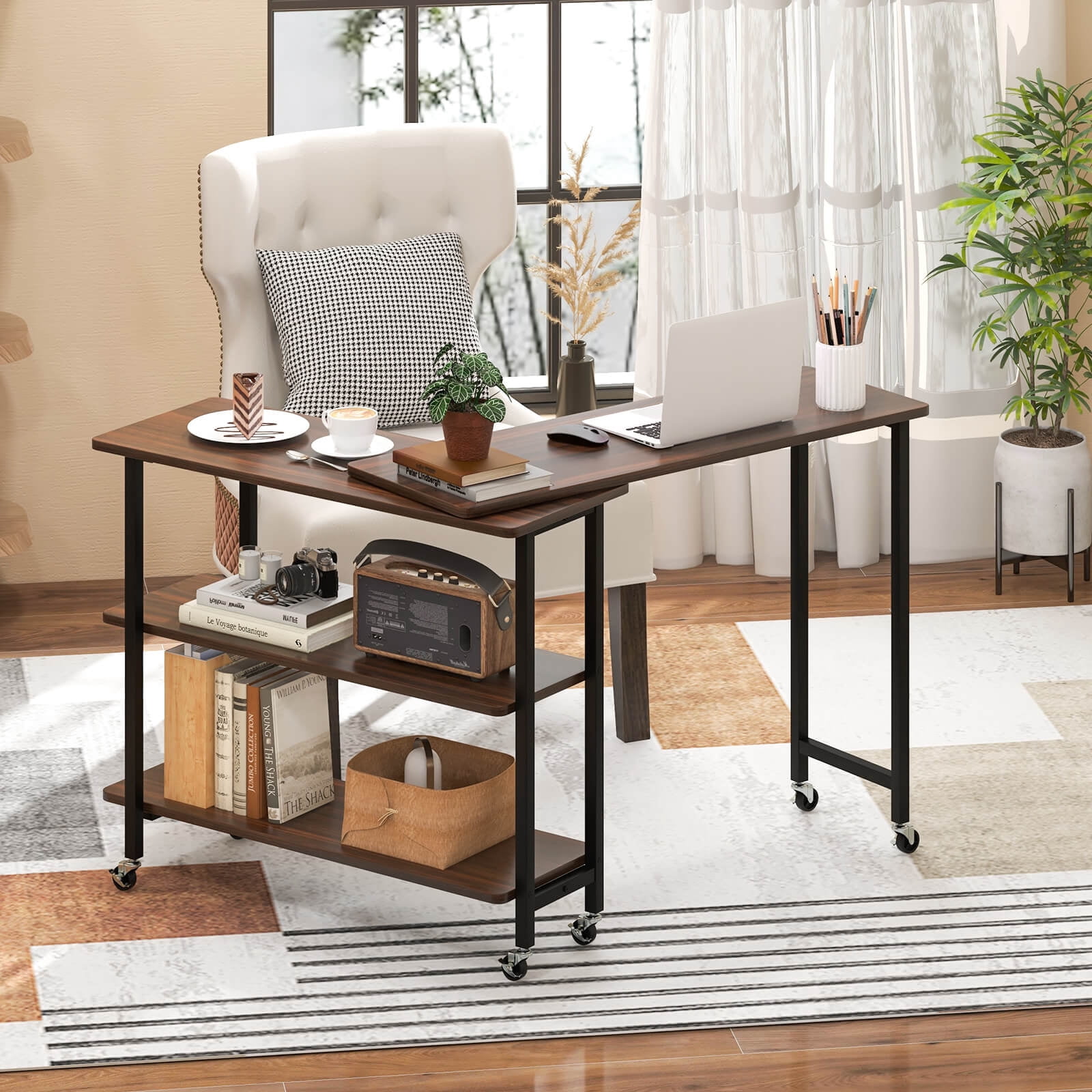 Costway 360° Rotatable Sofa Side Table L-shaped Laptop Desk Snack Table withShelf Patented Walnut