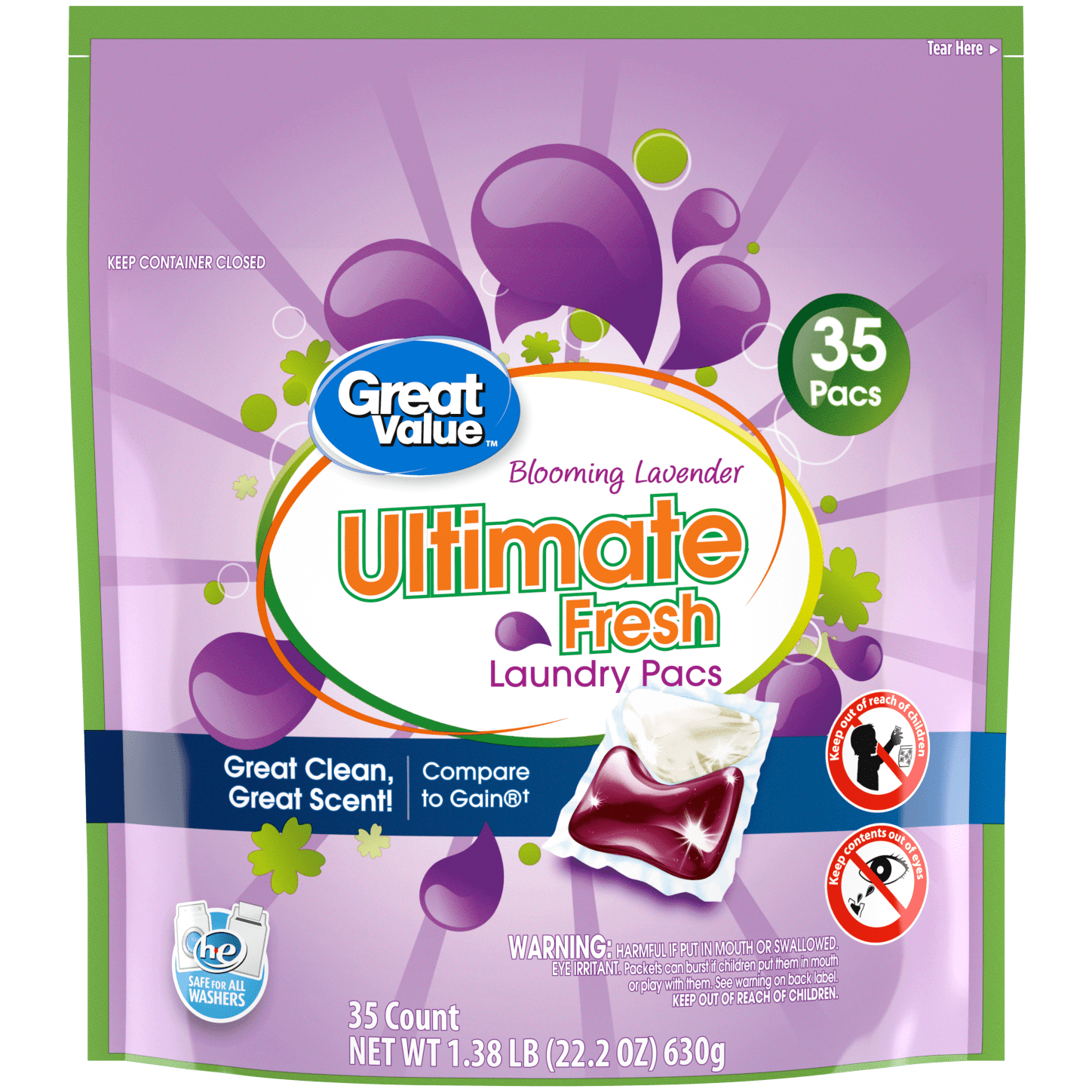 Great Value Ultimate Fresh Laundry Detergent Pacs, Blooming Lavender, 35 Count