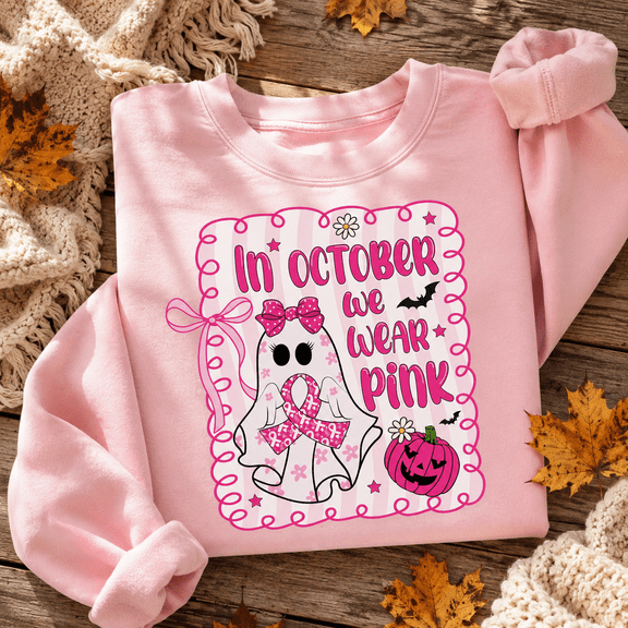 Halloween Shirt, In October We Wear Pink Sweatshirt, Breast Cancer Ghost Hoodie, Pink Ribbon Pumpkin T-Shirt, Gift for Women