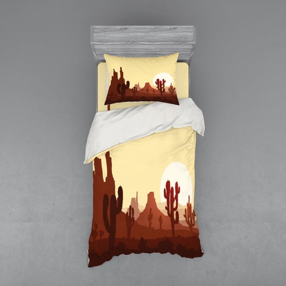 Cactus Duvet Cover Set, Arid Country Landscape Sunset in Stone Desert Saguaro and Mountains, Bedding Set with Shams and Fitted Sheet, 3 Sizes, by Ambesonne
