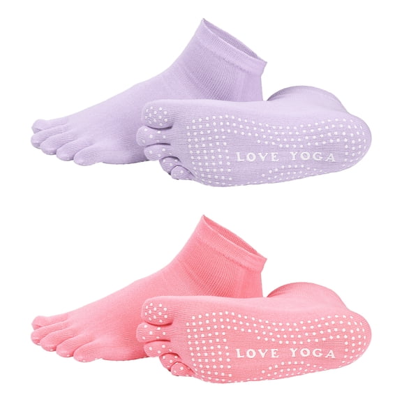 Uxcell Yoga Toe Socks, Non-Slip Five Toe Socks Cotton Toe Sock Finger for Men Women High Performance One Size Fits -Fit for (Pilates/Barre/Ballet/Fitness) 2 Pairs & Pink/Light Purple