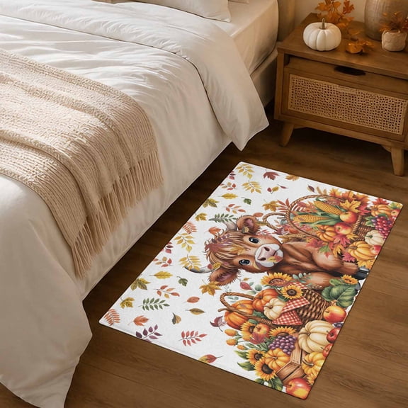 2x3ft Rectangle Rug,Scottish Highland Cattle Washable Area Rugs Non-Slip Accent Rug Country Autumn Pumpkin Corn Soft Circle Carpet for Living Room Bedroom Home Office Decor