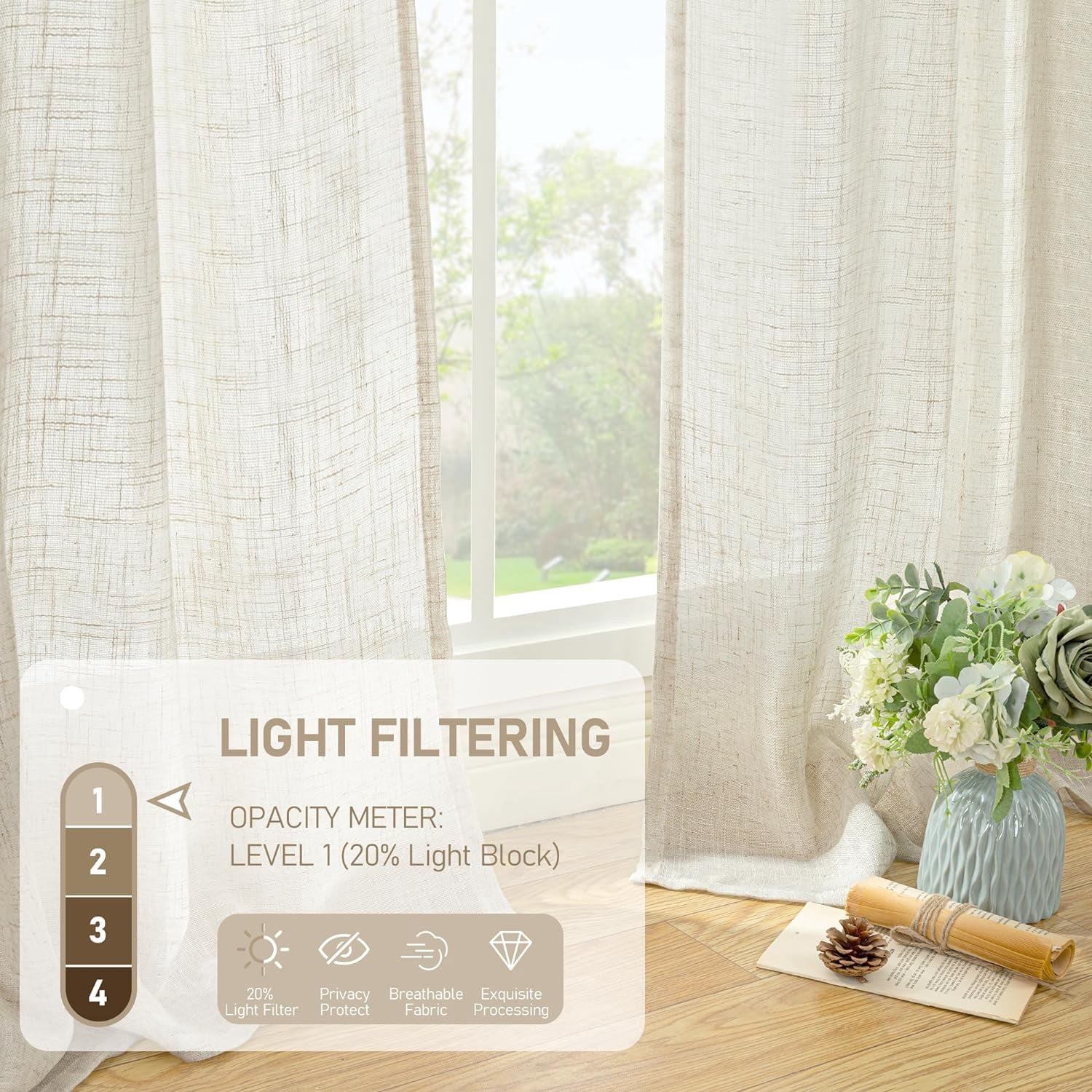 Natural Ivory Linen Semi Sheer Curtains, Cream Light Filtering Soft Thick Neutral Drapes with Bronze Grommet, 2 Panels