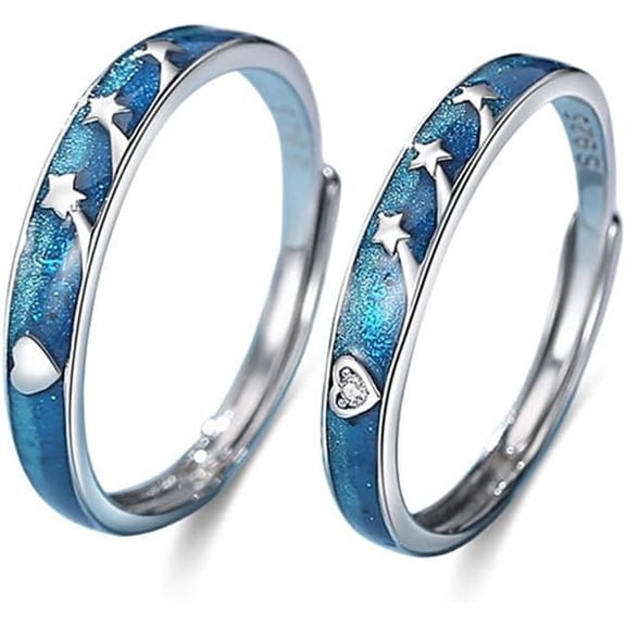 Star Promise Rings for Couple Starry Sky Couples Matching S925 Sterling Silver Ring for Him and Her Crystal Adjustable Engagement Marry Wedding Band Xmas Anniversary Valentine's Day Gift
