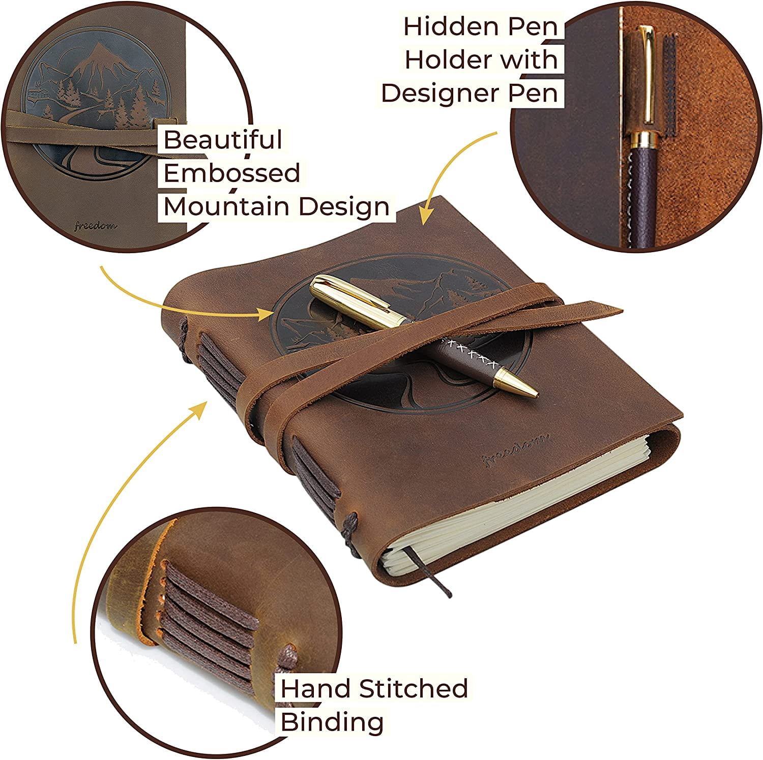 Leather Bound Journal for Men and Women, Handmade Gift Set with Mountain Embossed Journal and Stylish Pen, Vintage and Classic, Notebook, Sketchbook, Planner and Diary (300 Pages) (8x6")