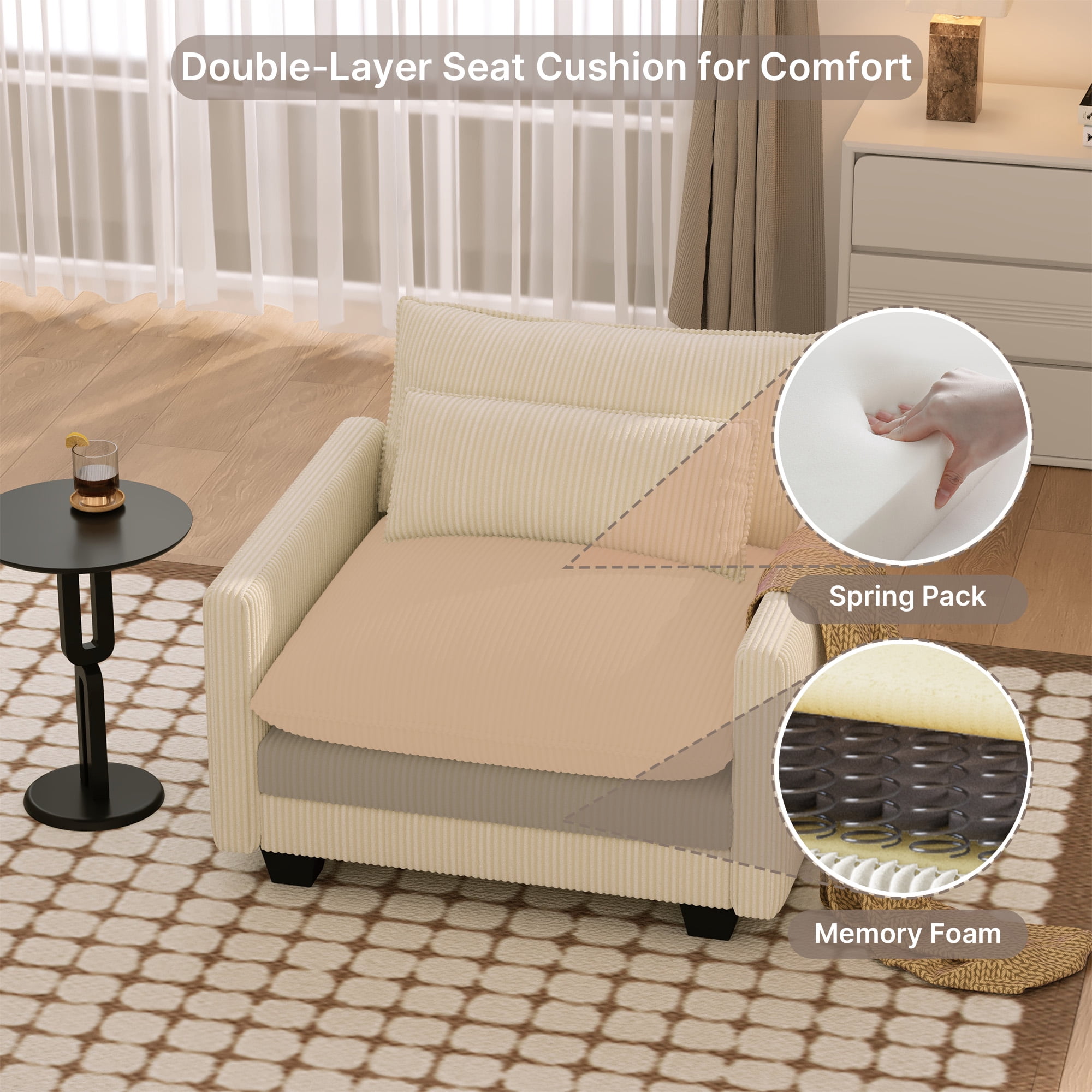 Oversized Single Sofa Chair with Pillow, Noelse Deep Seat Comfortable Cloud Accent Chair, Modern Corduroy Sofa Chair for Living Room Bedroom, Beige