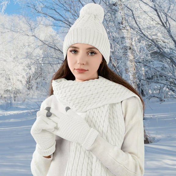 CxhicLuv Women's Winter Set – 3-in-1 Beanie, Scarf, Touchscreen Gloves, Acrylic, Warm & Stylish – Ideal for Skiing, Camping, Perfect for Cold Weather, Fashion Enthusiasts, White