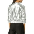 thumbnail image 4 of MODA NOVA Juniors Halloween Costume Casual Stand Collar Metallic Zip Crop Length Bomber Jacket Silver M, 4 of 7