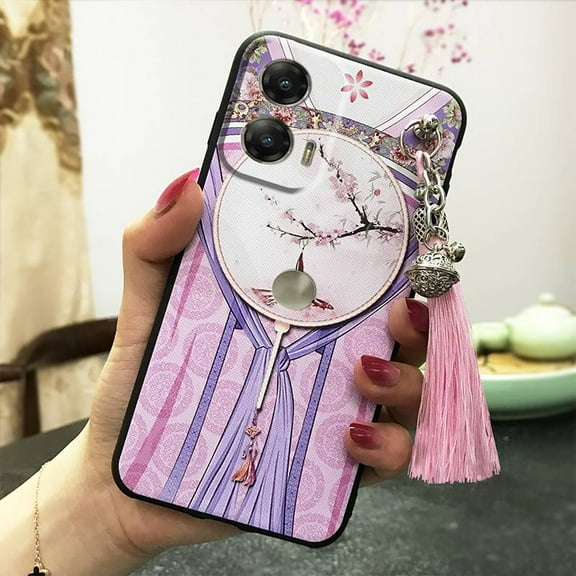 LYM-Phone Case For MOTO G Stylus 5G 2024, Durable Anti-dust Waterproof Dirt-resistant Back Cover TPU Soft case Anti-knock Silicone Tassel Shockproof Bell Protective Chinese Style