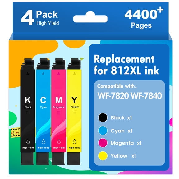 812 Ink Cartridges 4 PACK Compatible for Epson 812 812XL T812XL T812 Ink for WF-7840 WF-7820 Workforce Pro WF-7310 WF7310 WF7840 WF7820 Printers Ink - 812 XL Black,Cyan,Magenta,Yellow