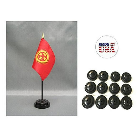 Box of 12 Kyrgyzstan 4"x6" Miniature Desk & Table Flags Includes 12 Flag Stands & 12 Kyrgyz, Kyrgyzstani or Kirghiz Small Mini Stick Flags