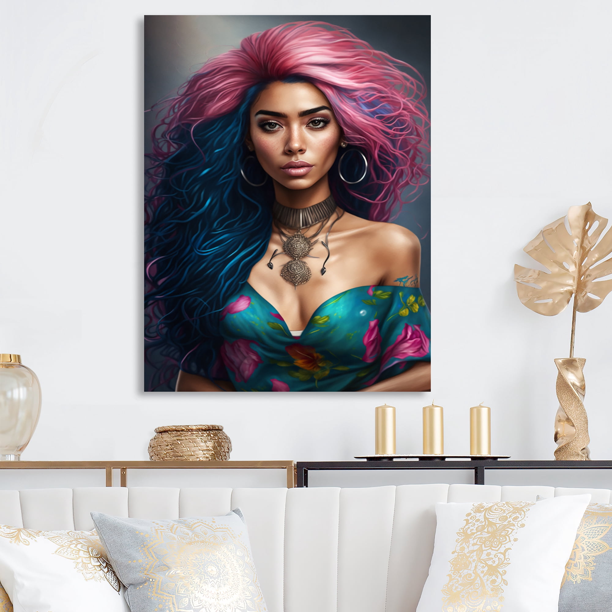 Designart Fashion Indian Woman In Pink And Blue II Canvas Wall Art