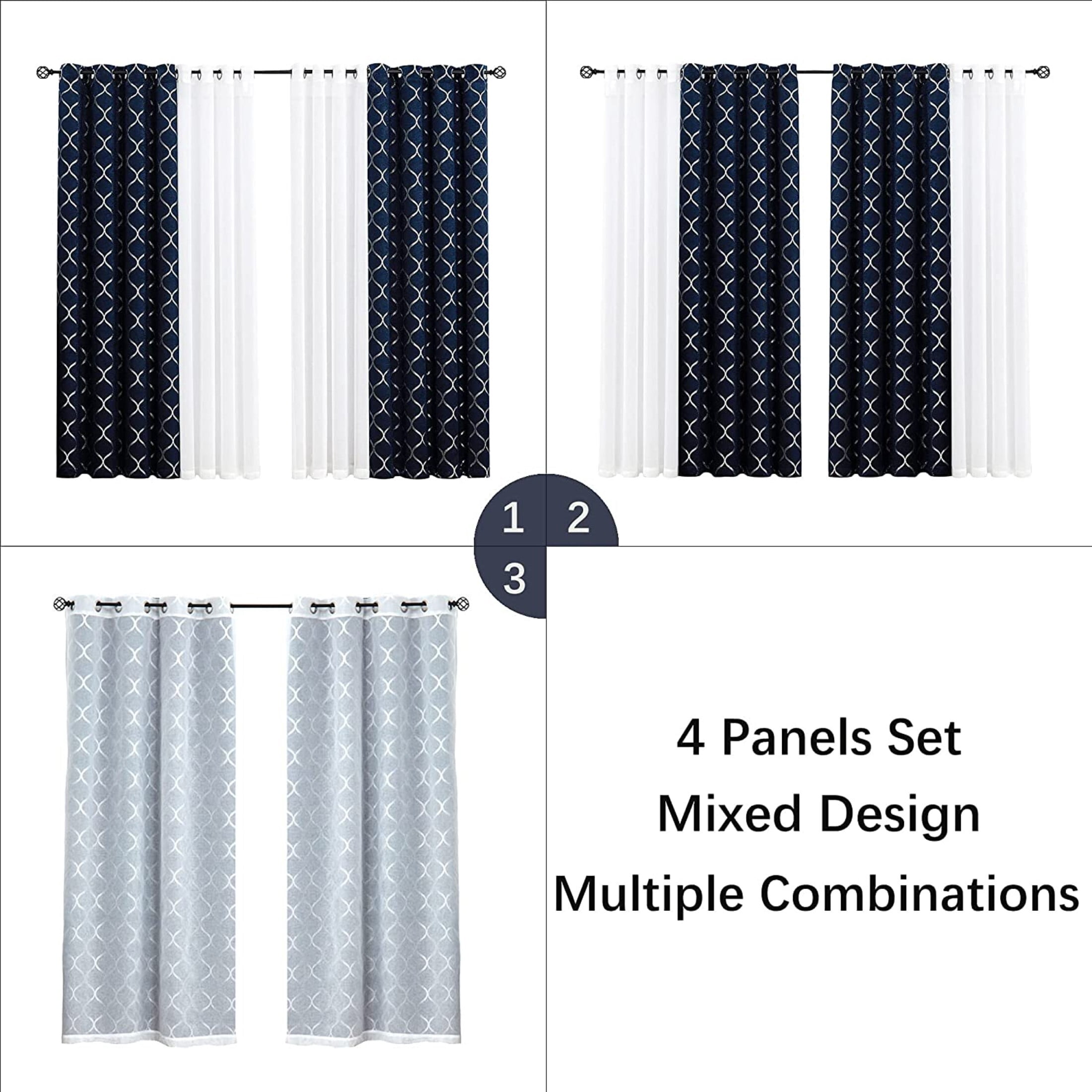 Pinewave Living Room Navy Window Curtains 84 inch 4 Pieces Set Mix and Match Silver Moroccan Blackout and White Sheers ,Grommet Top,52W"x84L"