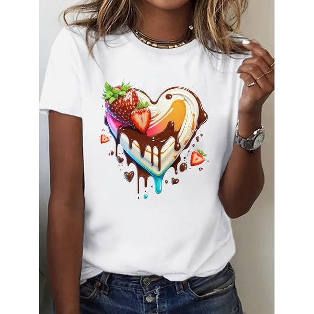 Soft Women's T-Shirt with Chocolate & Strawberry Heart Graphic - Casual Crew Neck Tee in Light ColorCamisetas para mujer, lindas camisetas con estampado gráfico, de manga corta, estilo casual, para ve