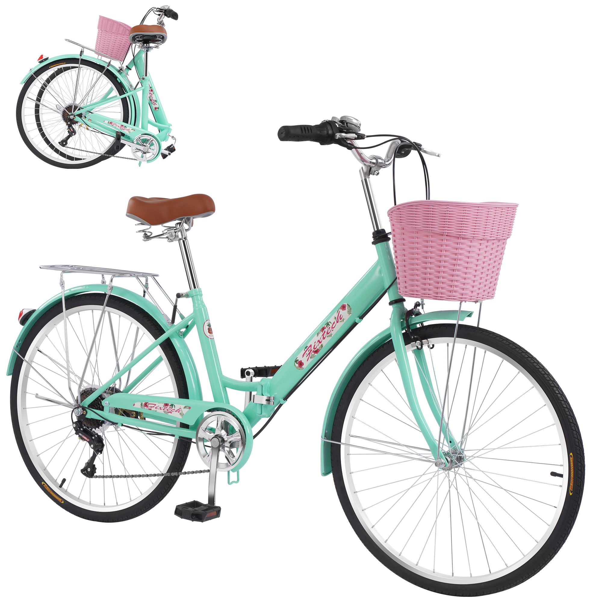 ARVAKOR 26'' 7 Speed Folding Women's Bike, Cruiser Bike with Basket and Rear Rack, Yellow