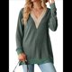 thumbnail image 2 of Blusas de Otoño para Mujer, con Escote en V, Encaje, Larga, Holgadas, con Ribete de Bloques de Color, Moda 2025 Verde L, 2 of 10