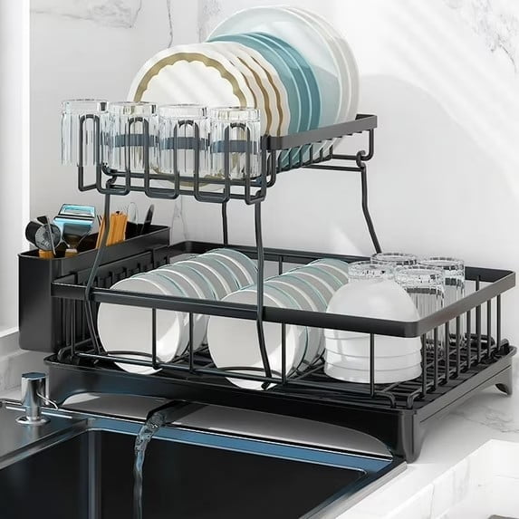 PHANCIR Dish Drying Rack for Kitchen, 2 Tier Stainless Steel Dish Racks Sink Organizer with Cutlery Holder, Space-Saving for Home, Black