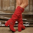 thumbnail image 4 of Rokment Women's Slouch Knee High Dress Tall Boots Trendy Buckles Solid Color Chunky Block High Heels Wide Calf Long Boots Fall Winter Red Size 9, 4 of 7