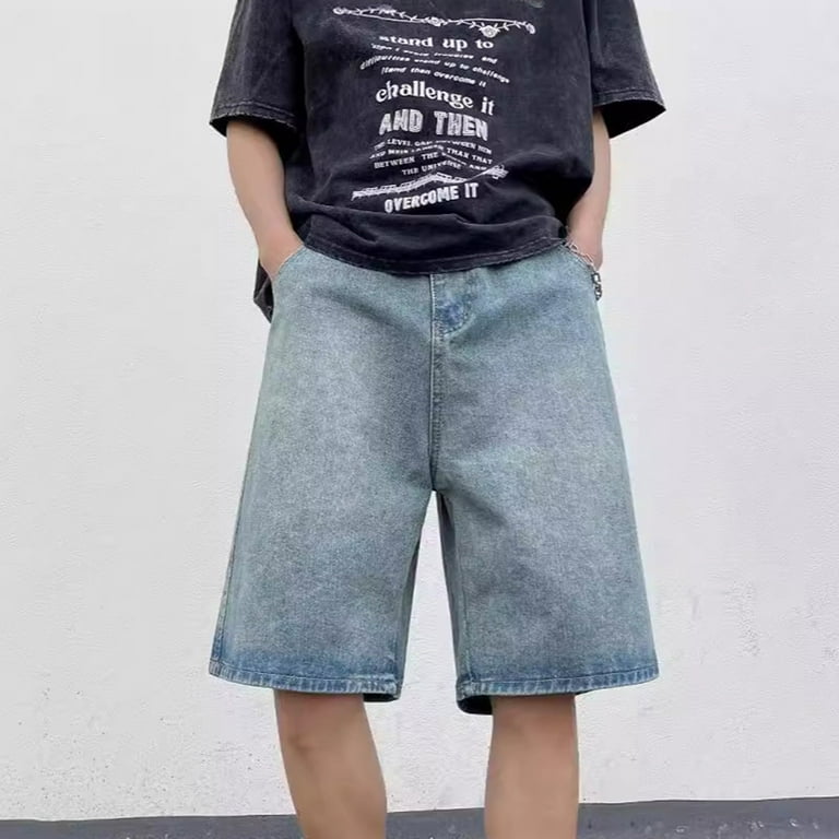 Hpapadks Jean Shorts Men Baggy Hop Wide Leg Knee Length Denim