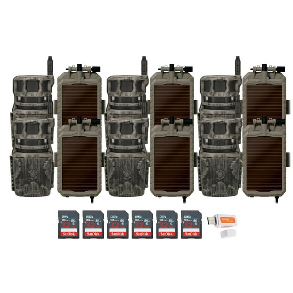 Stealth Cam Revolver 36MP 360-Degree Cellular Trail Camera (6-Pack) Bundle with Lithium Solar Power Panel (6-Pack), 32GB Ultra SDHC UHS-I Memory Card (6-Pack), and SD USB 2.0 Card Reader (19 Items)