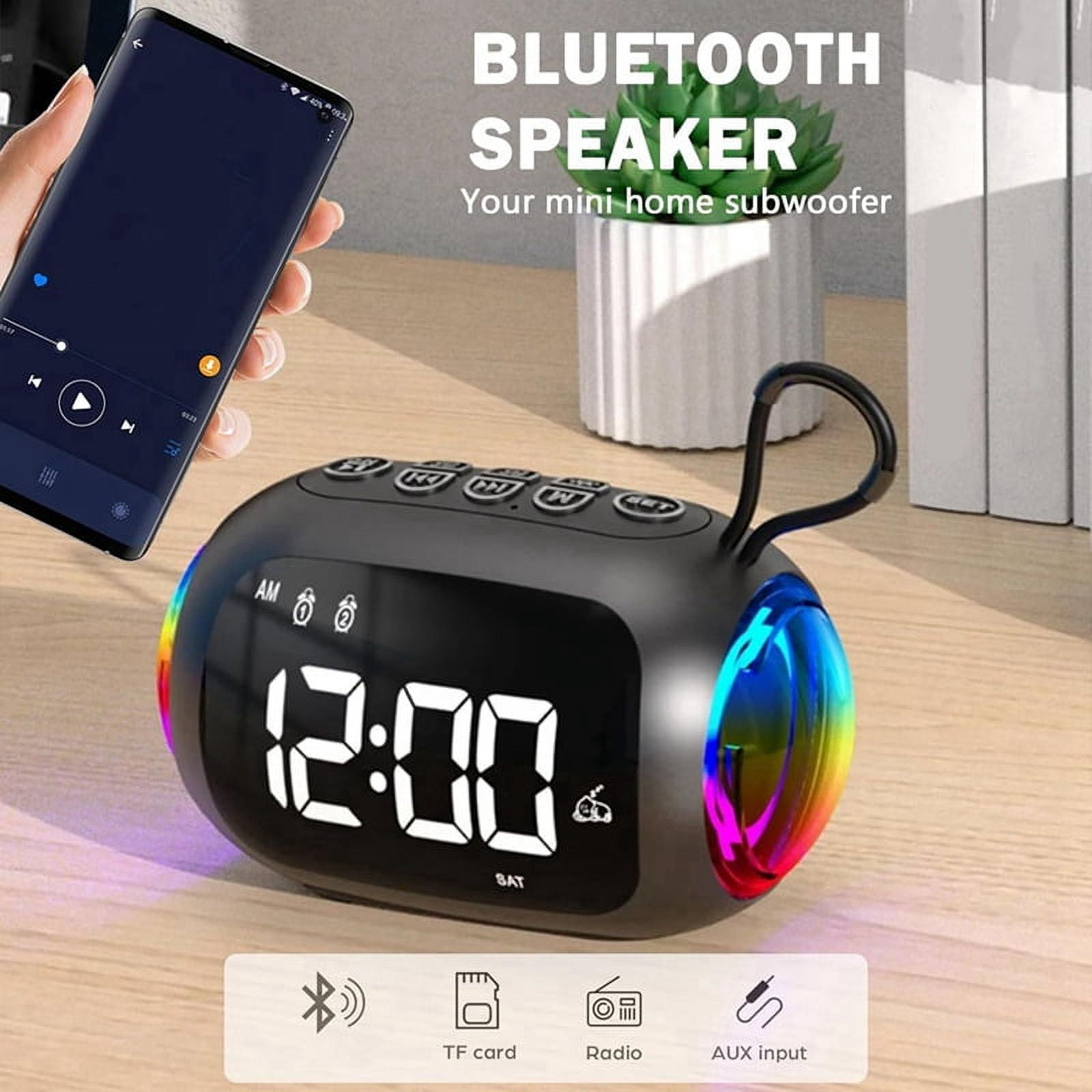 Portable Alarm Clock FM Radio Bluetooth Speakers Colorful Light Subwoofer with Dimming Display Dual Alarm Music Player,A