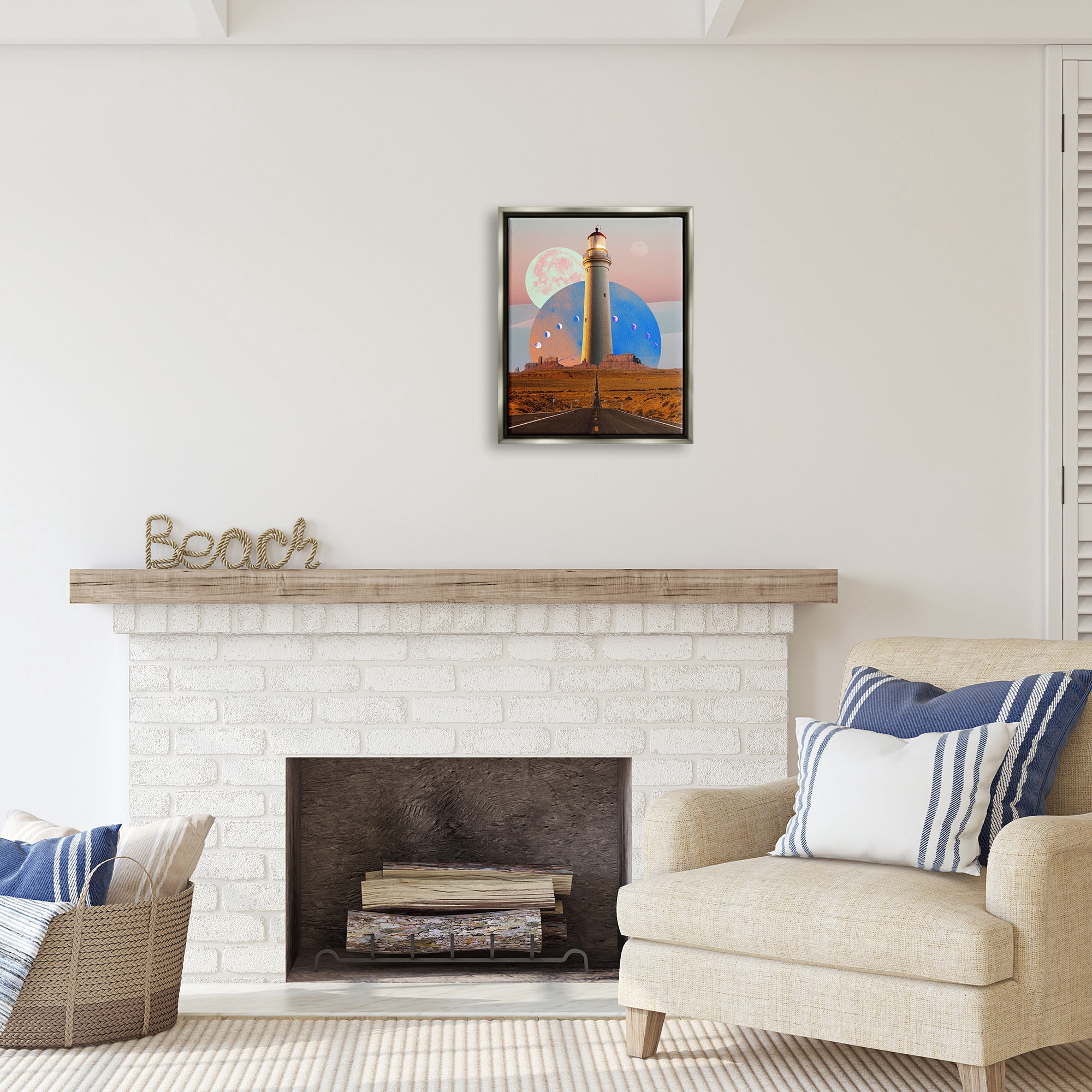 Stupell Industries Surreal Lighthouse in Desert Landscape Painting Gray Floater Framed Canvas Art Print Wall Art, 17 x 21