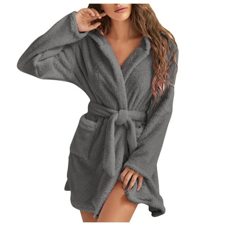 

Robe for Women Fleece Sherpa Shaggy Bathrobe Solid Color Plush Kimono Robe Soft Winter Robes with Belted Pockets