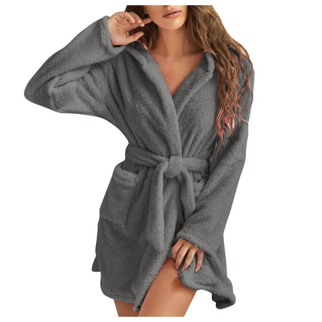 Teissuly Pyjama pour Femmes Doux Couleur Unie Manches Longues Col en V Hiver Ceintures Poches Molleton Faux Velours Tenue de Nuit Robe Chemises de Nuit