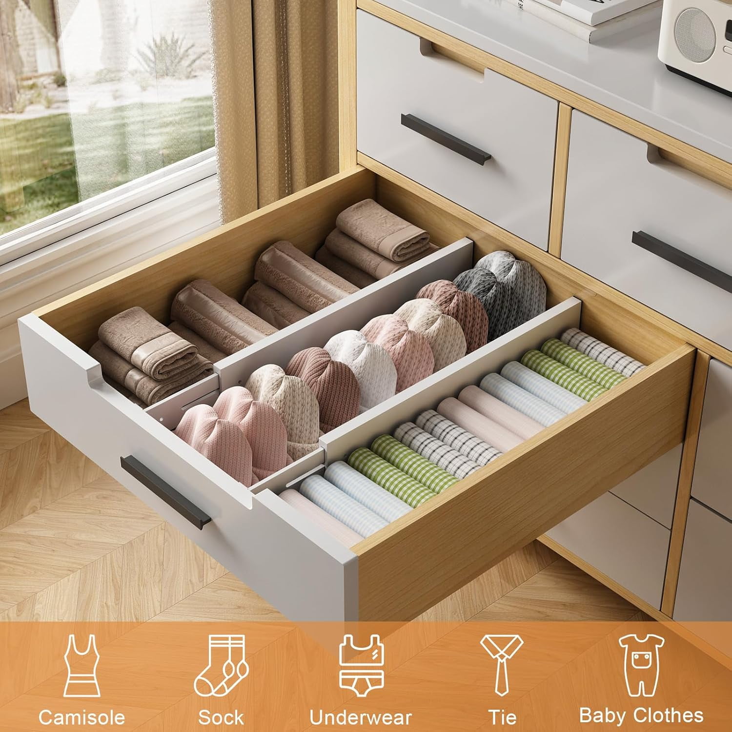 Bamboo Drawer Dividers,17-22" Adjustable Kitchen Drawer Organizer for Clothes,4 Pack Expandable Drawer Organization Separators for Bedroom,Bathroom,Dresser and Office