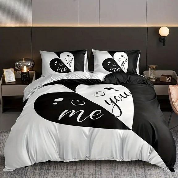 YJHDM Couple Bedding Set, Black and White Printed Cover and Pillowcases 2/3