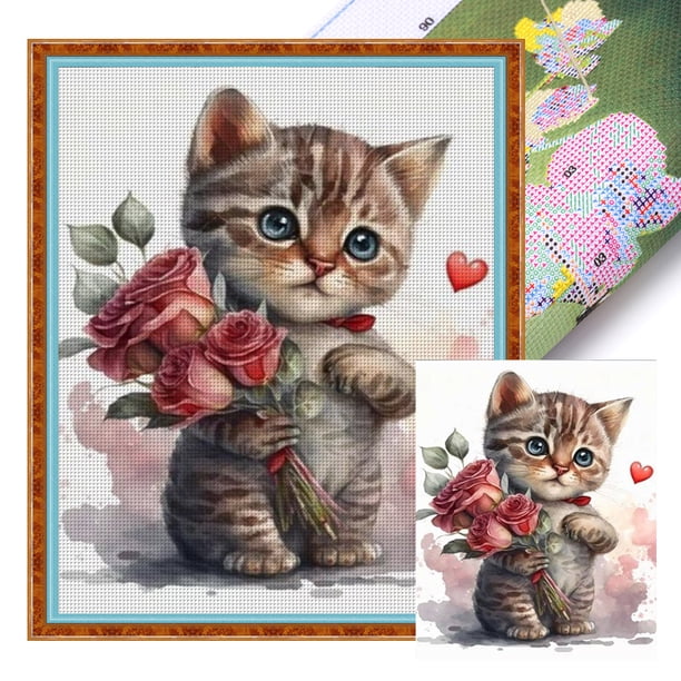 Kit Punto Cruz Gatito Impreso Hilo Algodón Ecológico Bordado 11CT 40x50cm